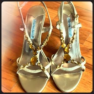 Gold rhinestone stone open toe heels 3 1/2 heels